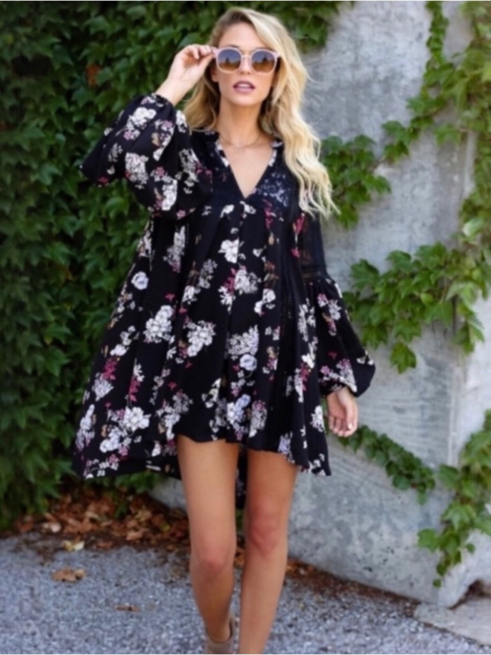 POL Black Floral Bubble Sleeve Boho Mini Dress Small NWT